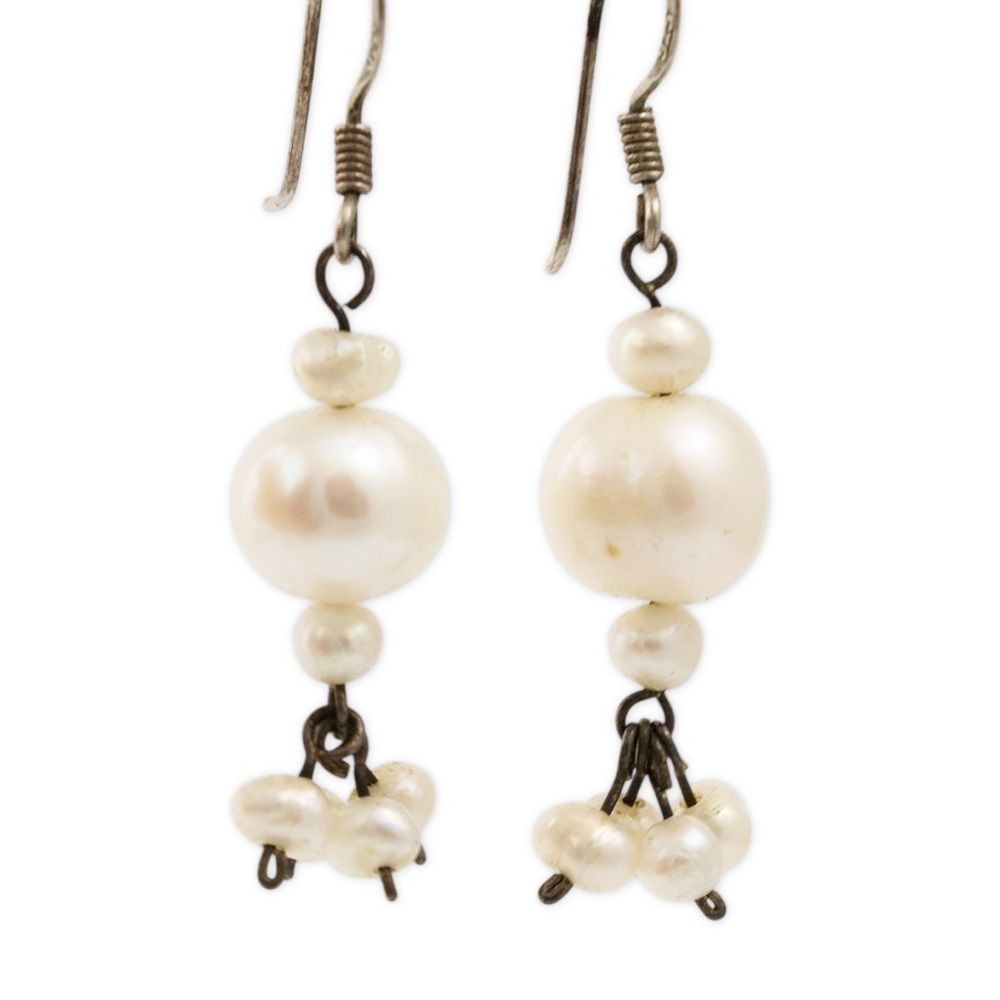 Vintage Genuine Pearl Sterling Silver Dangle Earrings Beaded Cluster Fringe
